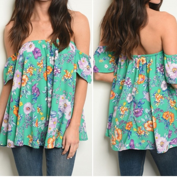 GIRLY & FLIRTY MINT FLORAL OFF SHOULDER TOP - Picture 3 of 5